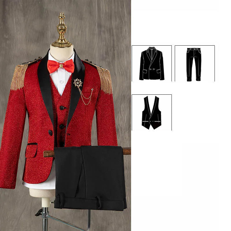 Children Luxurious Sequins Singer Host Photography Suit Boys Jacket Vest Pants 3PCS Performance Costume Kids Piano Wedding Dress