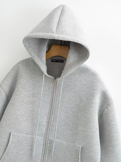 2026 Casual Women's Soild Zipper Hoodie Long Sleeve Big Pocket Zipper Jacket With Hood Female Loose Outerwear Coat Tops