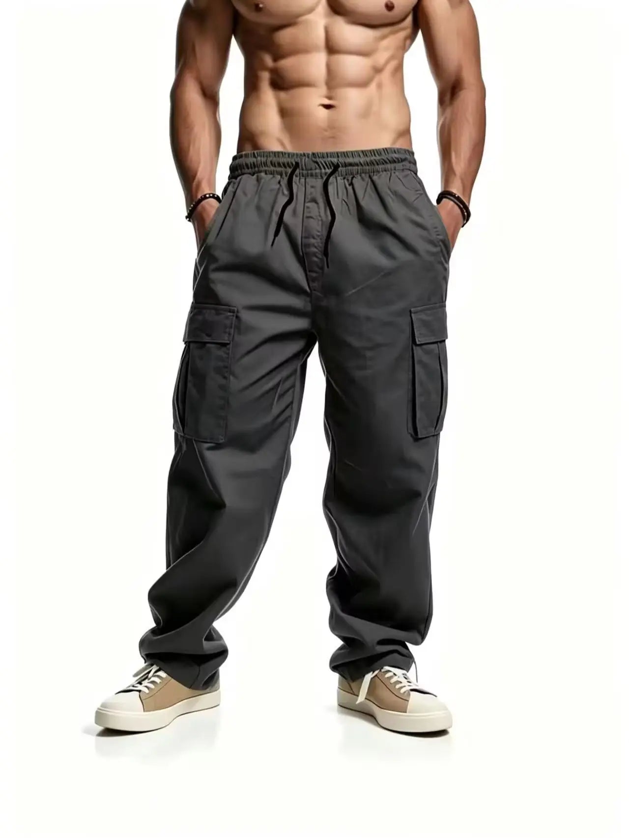 Men's casual multi pocket work pants with loose fit and drawstring waistband suitable for hikingfishingand outdoor exploration