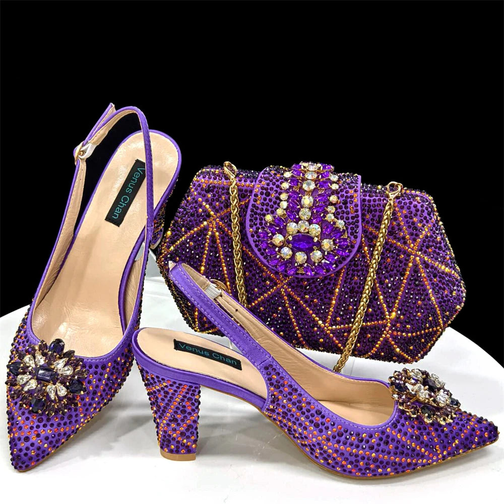 Nigerian Women Heel Party Ladies Italian Design Shoes And Bag Set Decorated with Rhinestone Handbag Wedding Party