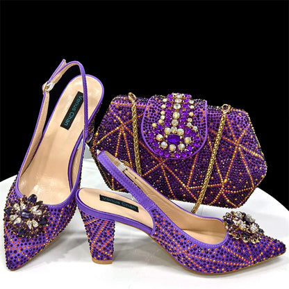 Nigerian Women Heel Party Ladies Italian Design Shoes And Bag Set Decorated with Rhinestone Handbag Wedding Party