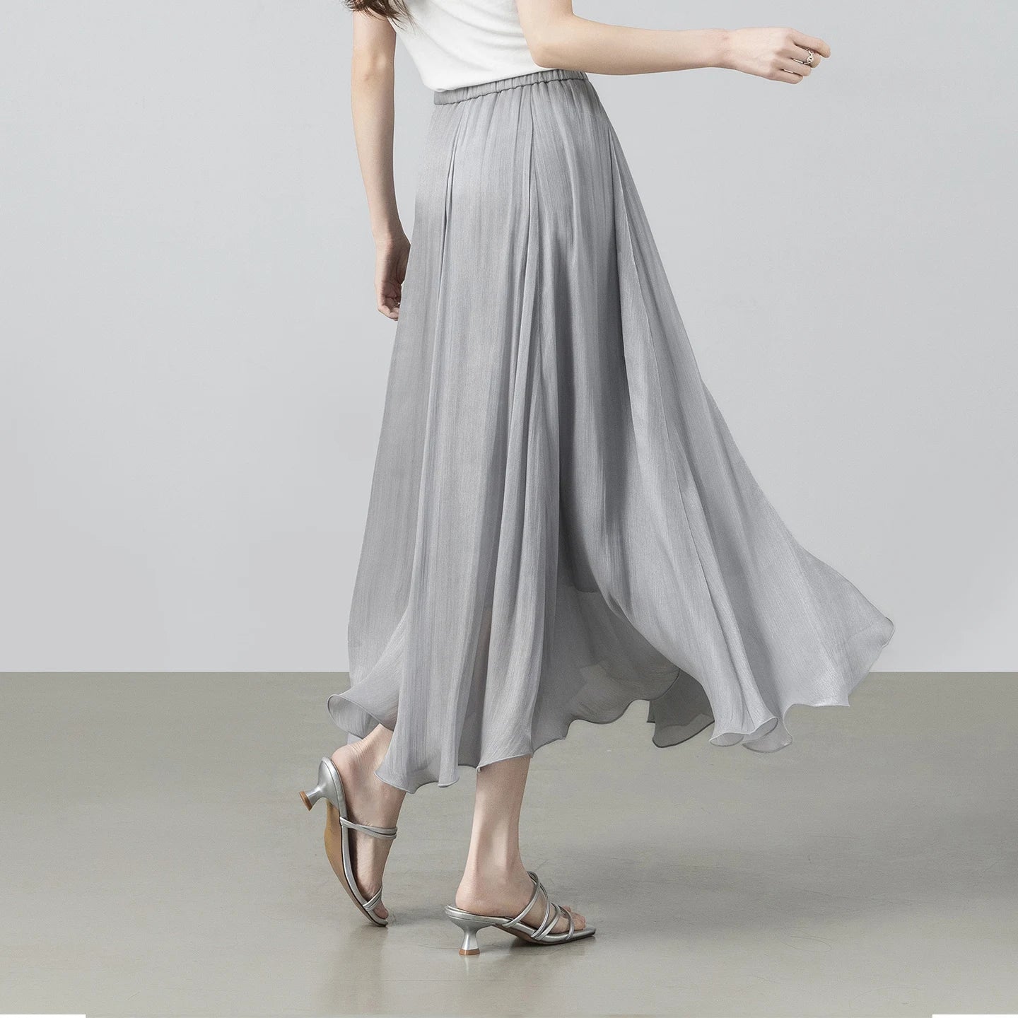 Women's Gray Elegant Skirt 2026 Summer Elastic Waist Sheen Flowy A Line Long Skirt for Woman Ladies Clothes 162QG4909