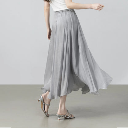 Women's Gray Elegant Skirt 2026 Summer Elastic Waist Sheen Flowy A Line Long Skirt for Woman Ladies Clothes 162QG4909