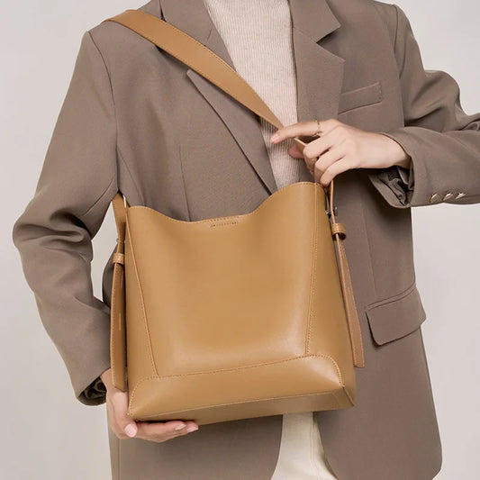 Ladies' Split Leather Bucket Shoulder Bags Female Commute Shopping Messenger Bags Adjustable Shoulder Strap Women Casual Handbag
