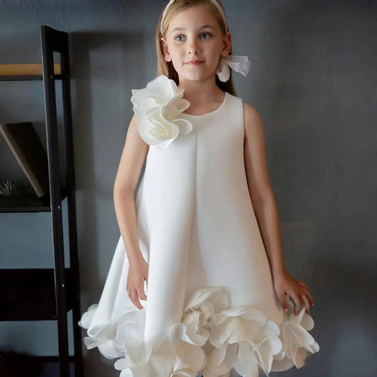 J073 Elegant White Dubai Girl Dress Pink Eid al-Fitr Baby Children Clothes for Wedding Birthday Holiday Party 2025