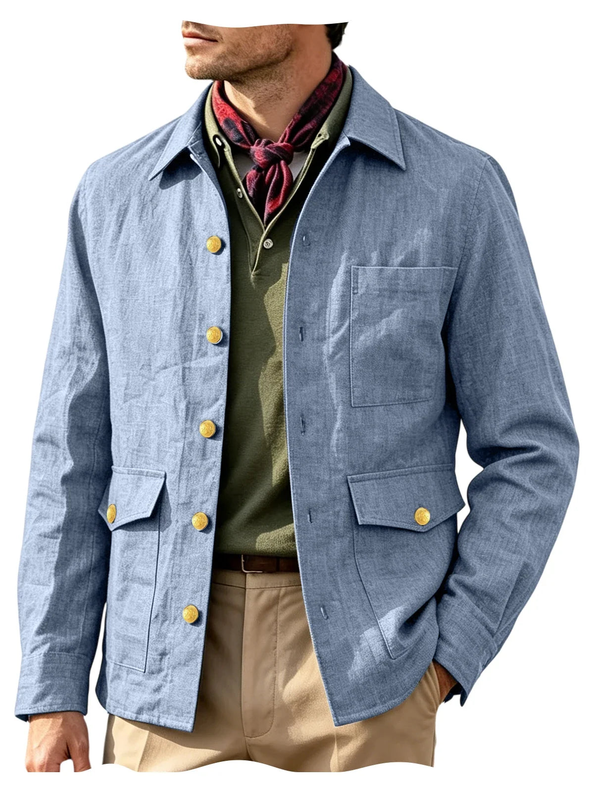 Vintage Men's Linen Jacket Lapel Collar Gold Button Casual Slim Fit Coat Lightweight Breathable for Formal Daily Office Wear