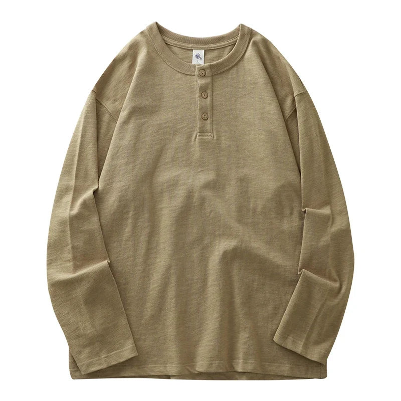 Dukeen 320G Heavyweight 100% Cotton Henley Neck T Shirt for Men Long-Sleeved Spring Autumn Casual Tops Solid Color Undershirts