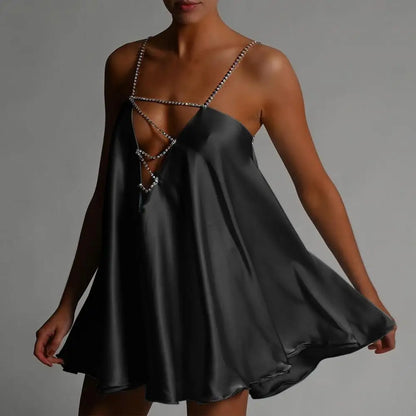 Fashion Womens Casual Chain Suspender Short Dress Fashion Solid Color Hollow V-Neck A-Line Dress Party Club Street Style S-XL
