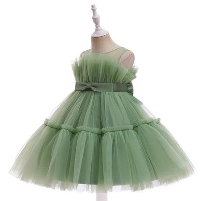 Elegant Ruffles Wedding Party Baby Girls Dress Tulle Pink Bow Bridemaid Princess Birthday Kids Dresses For Girl Evening Costumes