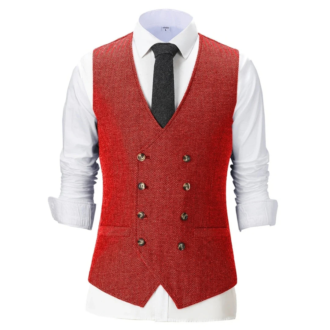 Men Vest Chanpagne Herringbone Double Button V Neck Waistcoat For Wedding Party Business Work Office Daily Casual Men Suit Vest