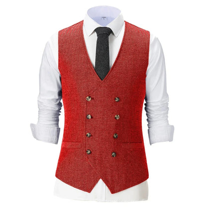 Men Vest Chanpagne Herringbone Double Button V Neck Waistcoat For Wedding Party Business Work Office Daily Casual Men Suit Vest