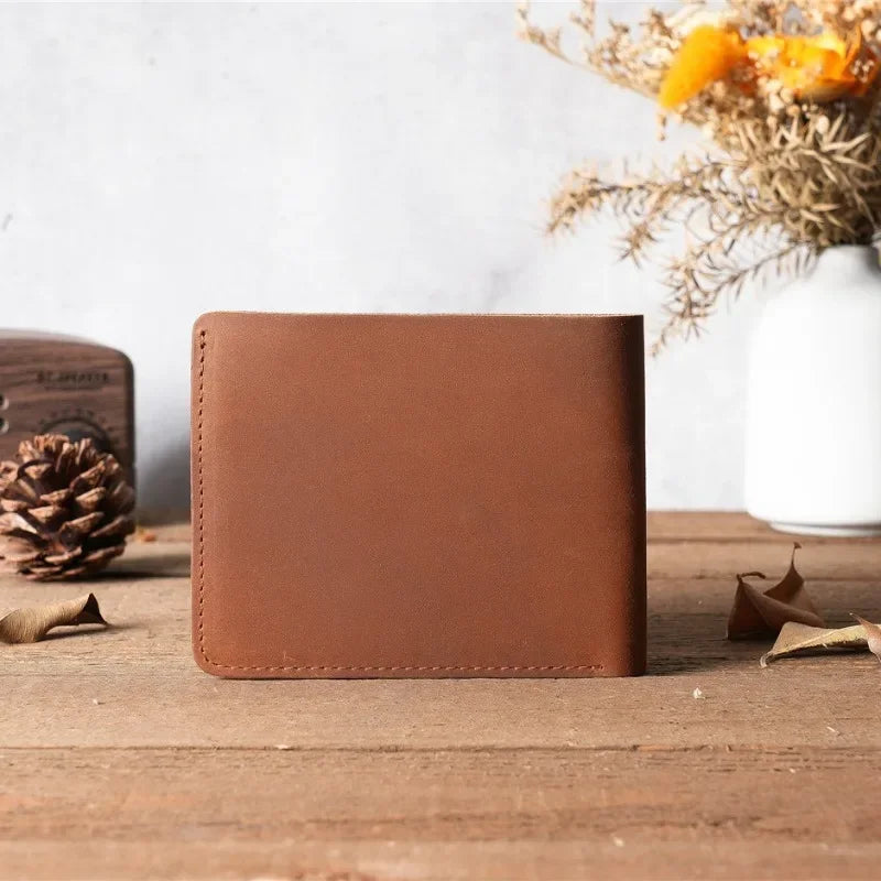 Men Handmade Crazy Horse Leather Wallet Men's Casual Simple Horizontal First Layer Cowhide Short Genuine Leather Clutch