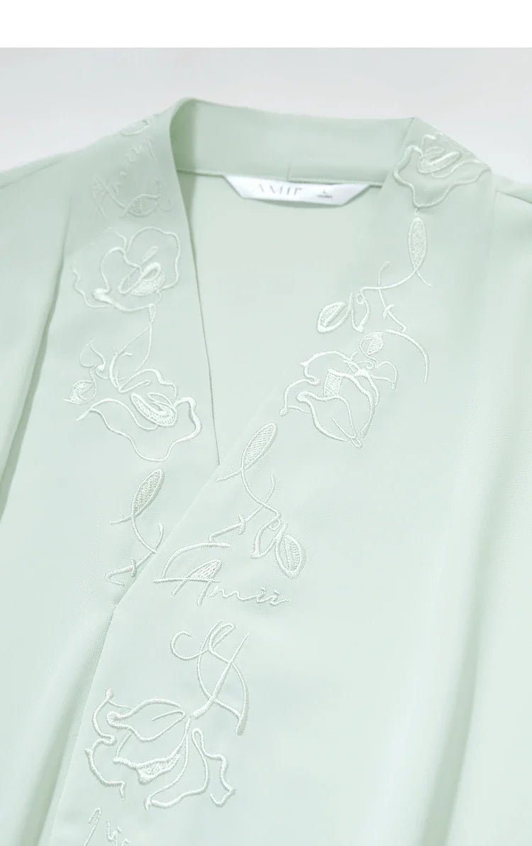 Chiffon Women's Blouse 2025 Autumn New V-neck Letter Embroidered Top Elegant Lantern Sleeve Loose Women's Shirt 12421028