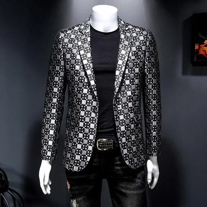 Autumn New Luxury Men Slim Fit Lattice Stage Casual Suit Coat New Silver Burgundy Green Men Groom Wedding Suit Lattice Coats