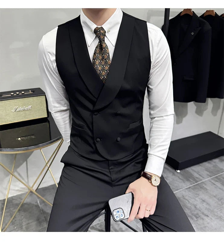 High-end Double-breasted Suit Vest With Pants 2024 New Men Fashion Slim Business Casual Best Groom Wedding Dress Vest  2 Pcs Set