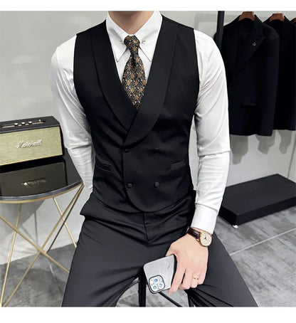 High-end Double-breasted Suit Vest With Pants 2024 New Men Fashion Slim Business Casual Best Groom Wedding Dress Vest  2 Pcs Set