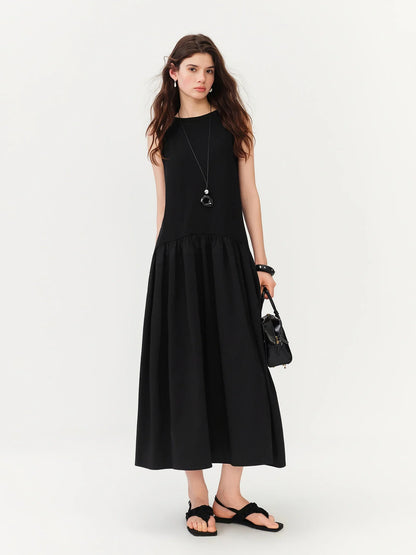 Women's Minimalist Commute Sleeveless Crew Neck Slim Fit Tank Dress 2026 Summer New Arrival Elegant Black Long Daily Dress