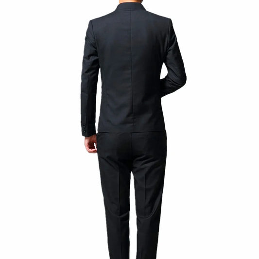 Black Stand Collar Men's 3-Piece, Wedding Party Blazer Jacket and Vest with Pants, Blue Asian Size Slim Fit Sets.