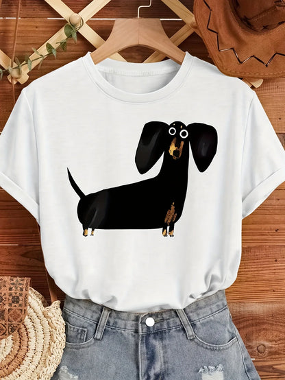 Cute Black Sausage Dog Funny Printed Women's T-shirt Short Sleeve Crew Neck Top for Summer Women's Harajuku Casual Clothing