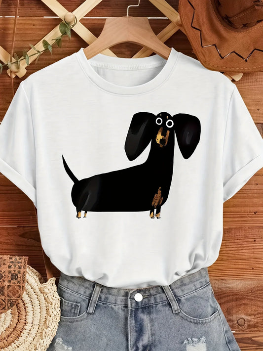 Cute Black Sausage Dog Funny Printed Women's T-shirt Short Sleeve Crew Neck Top for Summer Women's Harajuku Casual Clothing