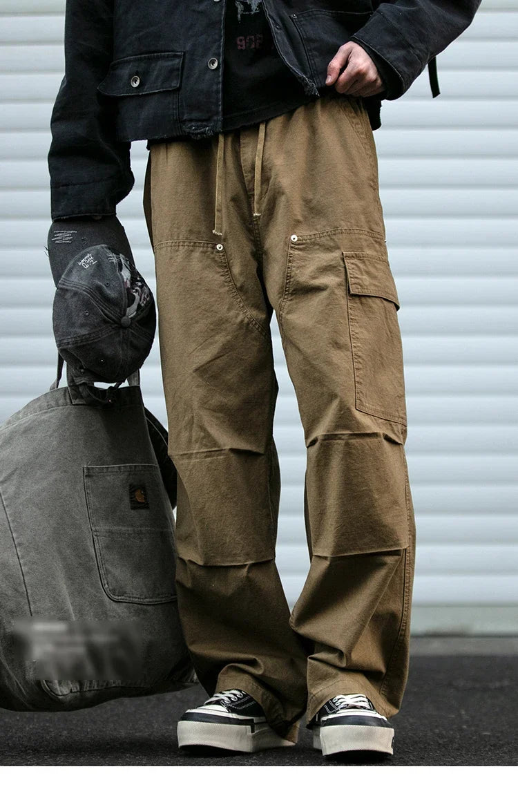 American Tactical Cargo Pants Men Heavyweight Cotton Loose Fit Straight Leg Camouflage Vintage Washed Outdoor Streetwear Premium
