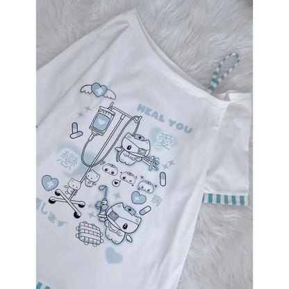 Japanese Harajuku Sweet Graphic T Shirts Women Cat Print Summer Off shoulder Top Short-sleeve Oversize Tees Loose Casual T shirt