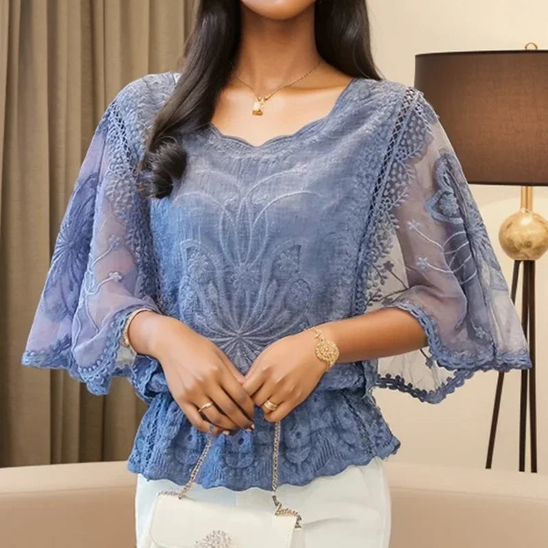 Summer Loose Lace Blouse Women 2025 Butterfly Sleeve Chiffon Shirt Woman Fashion Casual Floral White Shirt Tops Blusas 4073