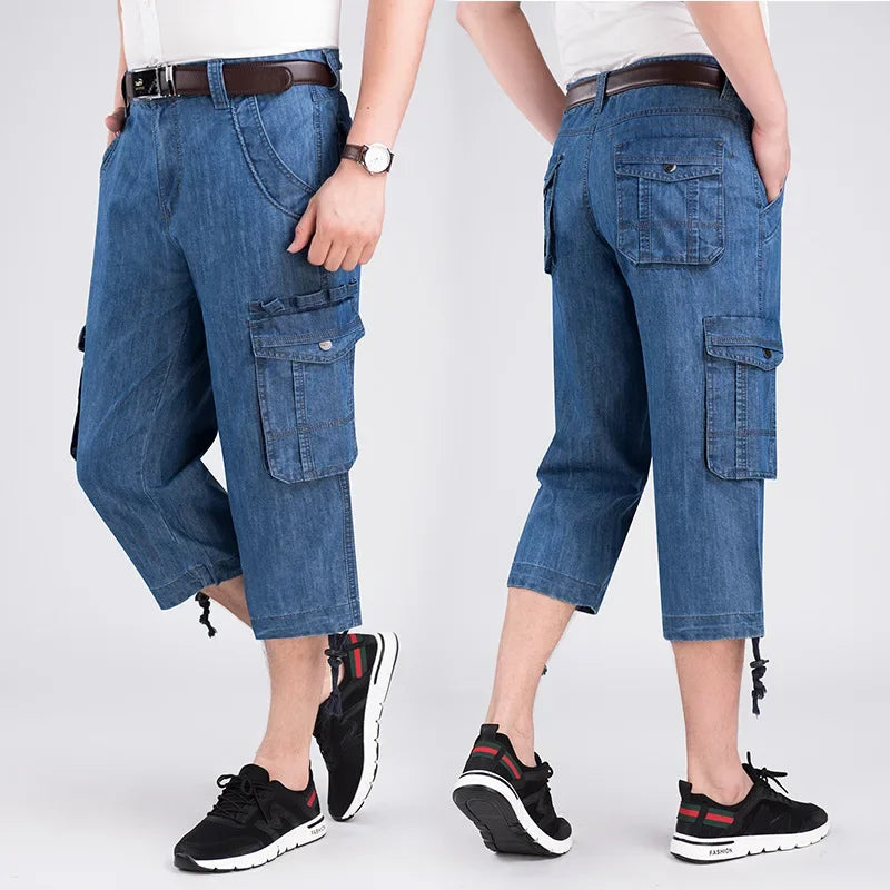 Jeans Shorts Men's Summer Breeches 2024 Multi Side Pocket Casual Bermuda Male Straight Long Blue Denim Loose Cargo Shorts Men