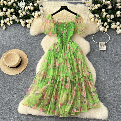 Retro Floral Chiffon Dr Women's Waist Cinched Bubble Sve Me Skirt Tea Break Gentle Soft Sle Korean High Waist A-Lin...