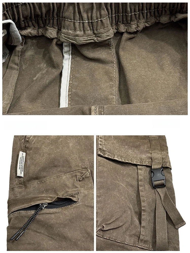 American Vintage Cargo Joggers Mens Washed Distressed Multi Pocket Pants Oversized Loose Fit Streetwear Hip Hop Plus Size Trendy