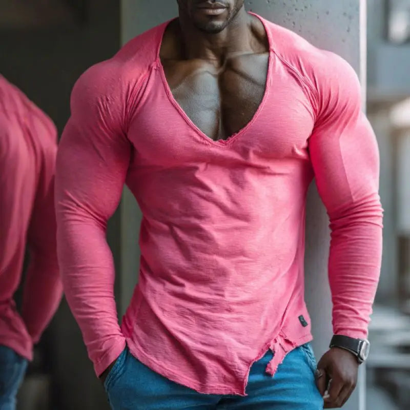 Men's  Long Sleeve V-neck Fitness T-shirt, Fashion Basic Training Wear, Daily Leisure Clothes, Outdoor Sports, Gym Workout