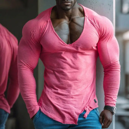 Men's  Long Sleeve V-neck Fitness T-shirt, Fashion Basic Training Wear, Daily Leisure Clothes, Outdoor Sports, Gym Workout