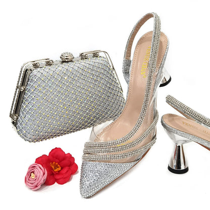 Italian Pointed Toe Wedding Shoes Gold Color Summer Sandal for Women 2023 High Heels Rhinestone Shoe and Bag Set