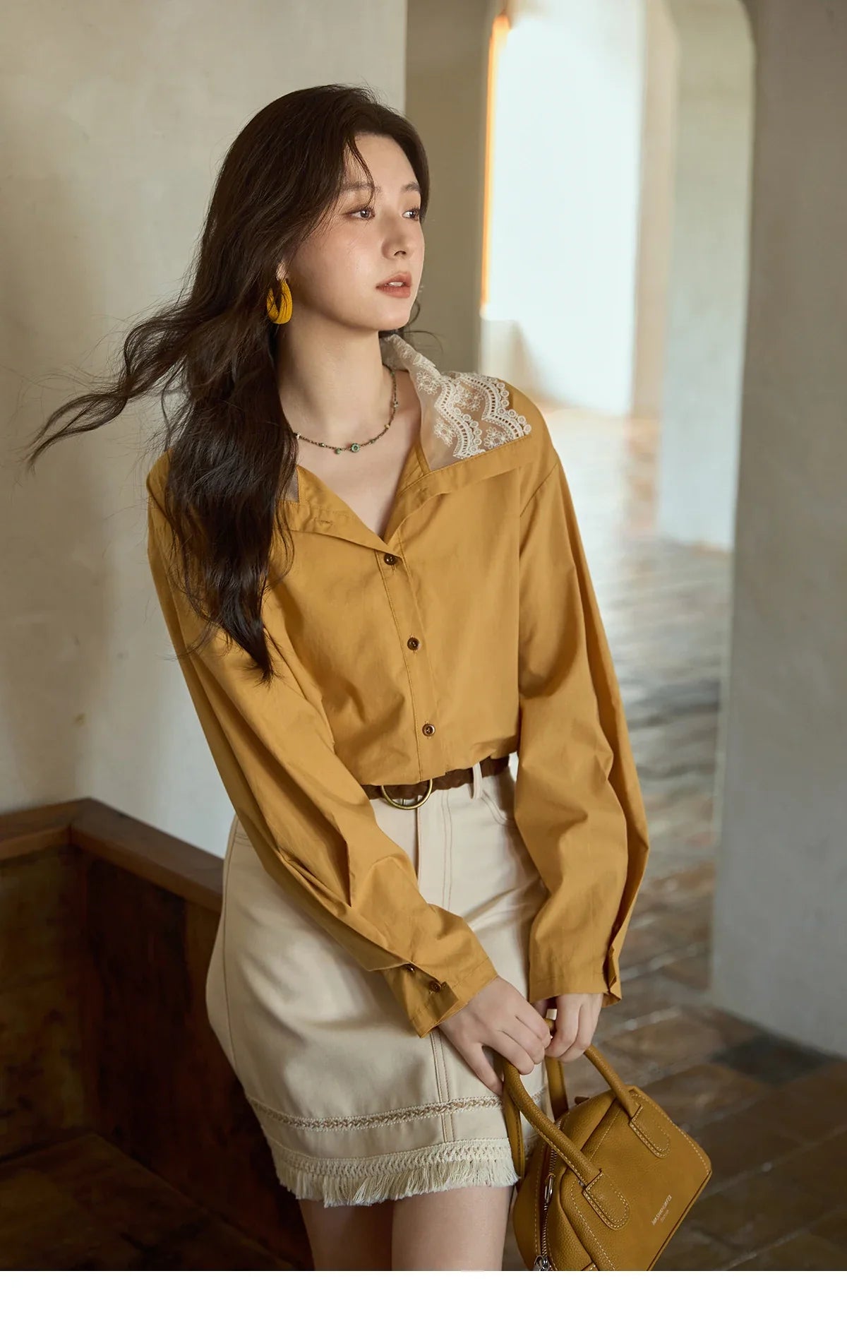 Autumn Solid Cotton Shirt Autumn V-neck Double-layer Lace Retro Design Shirts Single Breasted Tops Office Lady MXE41C2366