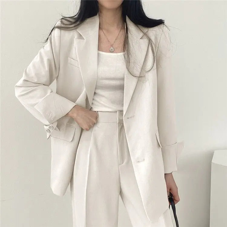 Casual Notch Lapel Suit Set with Button Thick Wide Leg Small Suit Pants High Waist Drape Polyester Business Lady Style Women
