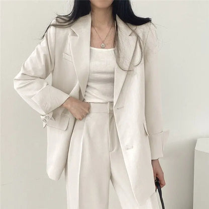 Casual Notch Lapel Suit Set with Button Thick Wide Leg Small Suit Pants High Waist Drape Polyester Business Lady Style Women
