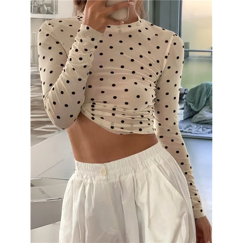 ABRT-Women's Round Neck Polka Dot Perspective Mesh Slim Fit Long Sleeve Shirt