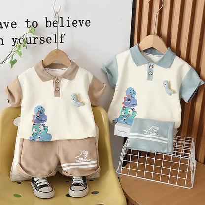 Summer Fashion Baby Girls Boys Clothes Suits Cartoon Dinosaur Polo TShirt Shorts 2pcs/Set Kids Children Toddler Casual Outfit