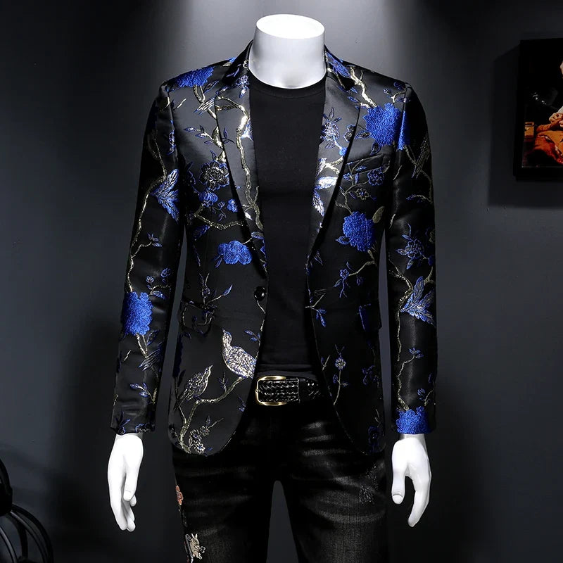 New Vintage Luxurious Jacquard Floral Suit Jacket Men Wedding Banquet Club Party Dress Singers Tuxedo Slim Fit Blazers Hommes