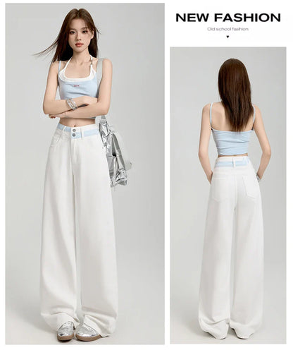 Loose Casual Wide Leg Denim Pants Summer New Thin 100% Cotton Women's High Waist Y2K Contrast Stitching All Match Baggy Jeans