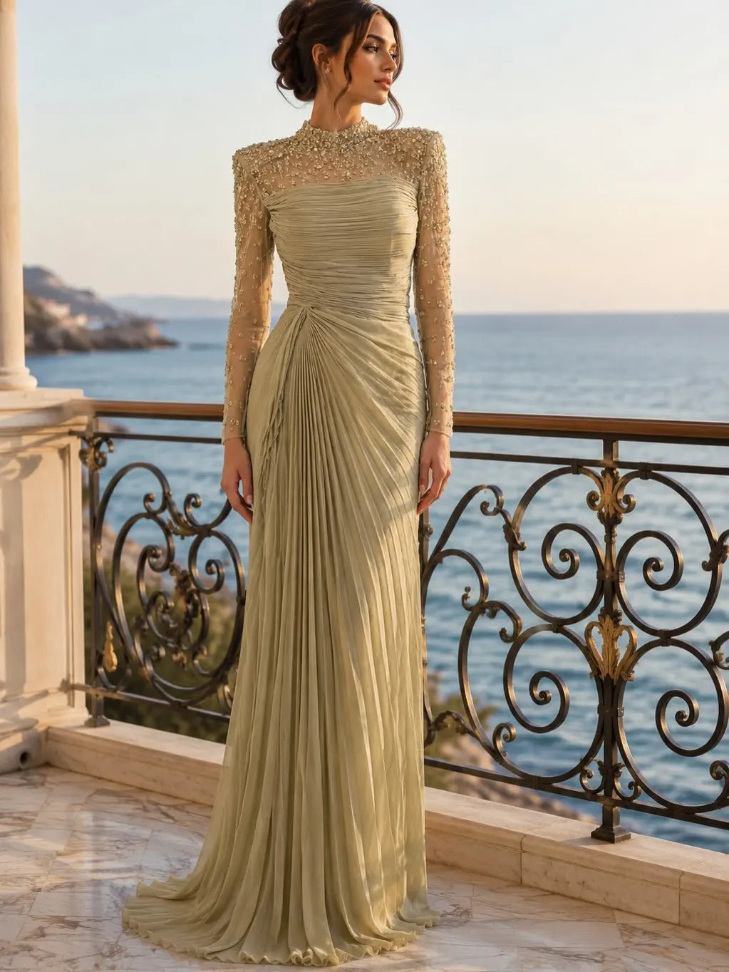 Women'S Formal Evening Gowns Customize Scoop Neck Beading Luxury Evening Dresses Long Sleeves Straight Floor-Length