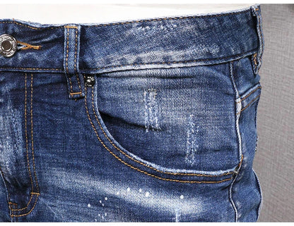 Fashion Streetwear Men Jeans Retro Black Blue Elastic Slim Fit Ripped Jeans Men Spliced Designer Embroidery Hip Hop Denim Pants