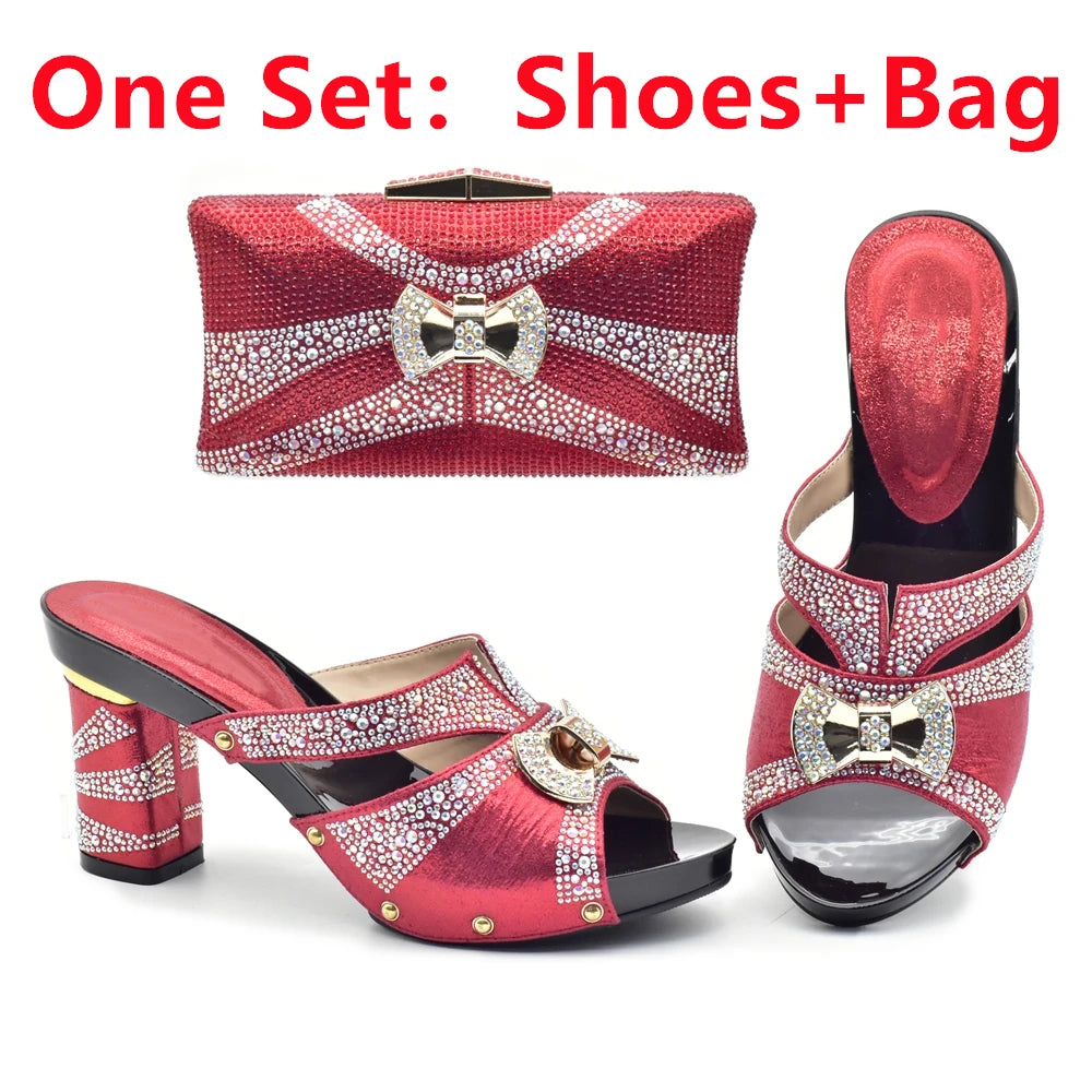 Latest Red Color Italian Ladies Shoes and Bag Sets Decorated with Rhinestone African Matching Shoes and Bags Italian In Women