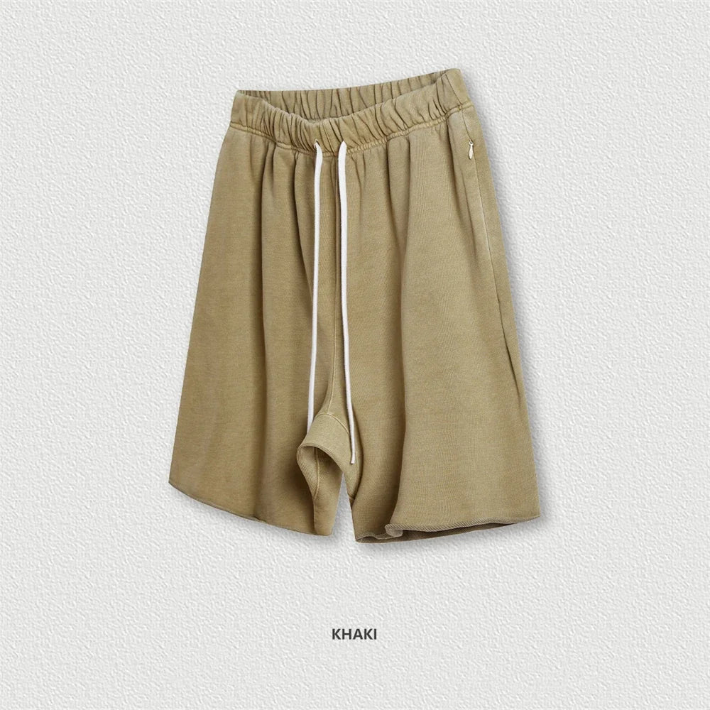 New Summer Men Retro Washed Shorts Unisex Drawstring Loose Edge 420gsm Solid Knee Length Cotton Pants Streetwears HY0589
