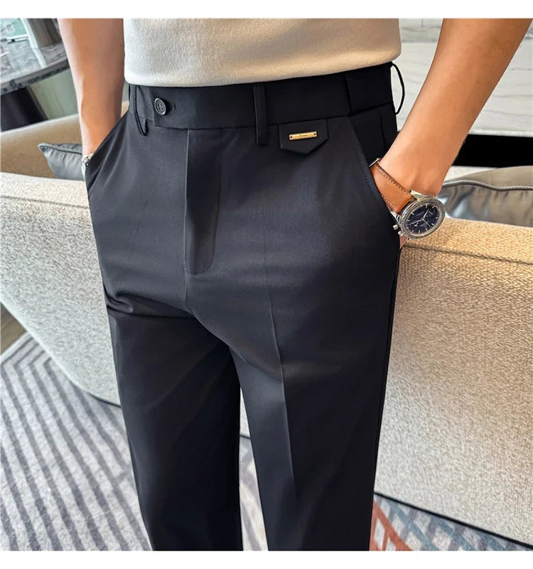 High Quality Modal Acetate Elastic Waist Casual Pants 2026 Spring Summer New Men's Solid Color Slim Fit Business Suit Pants