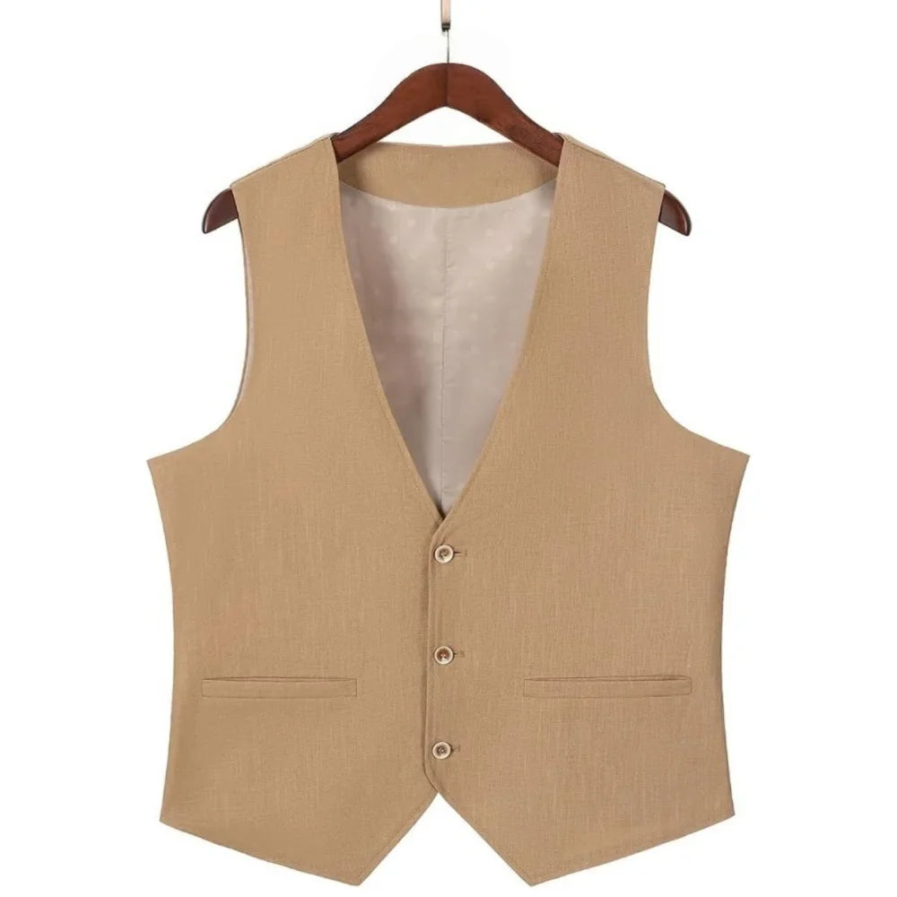 Men's Summer Linen Vest  V Neck Suit Waistcoat Casual Vest Regular Fit Men's Linen Vest