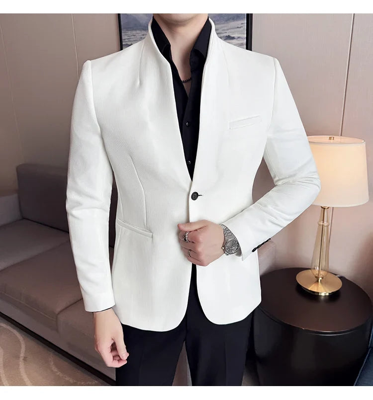 New Waffle Chinese Stand-Up Collar Blazers Men Slim Fit Business Casual Fashion Suits Jacket Formal Social Prom Party Tuxedos