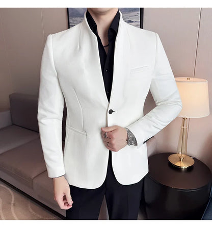 New Waffle Chinese Stand-Up Collar Blazers Men Slim Fit Business Casual Fashion Suits Jacket Formal Social Prom Party Tuxedos