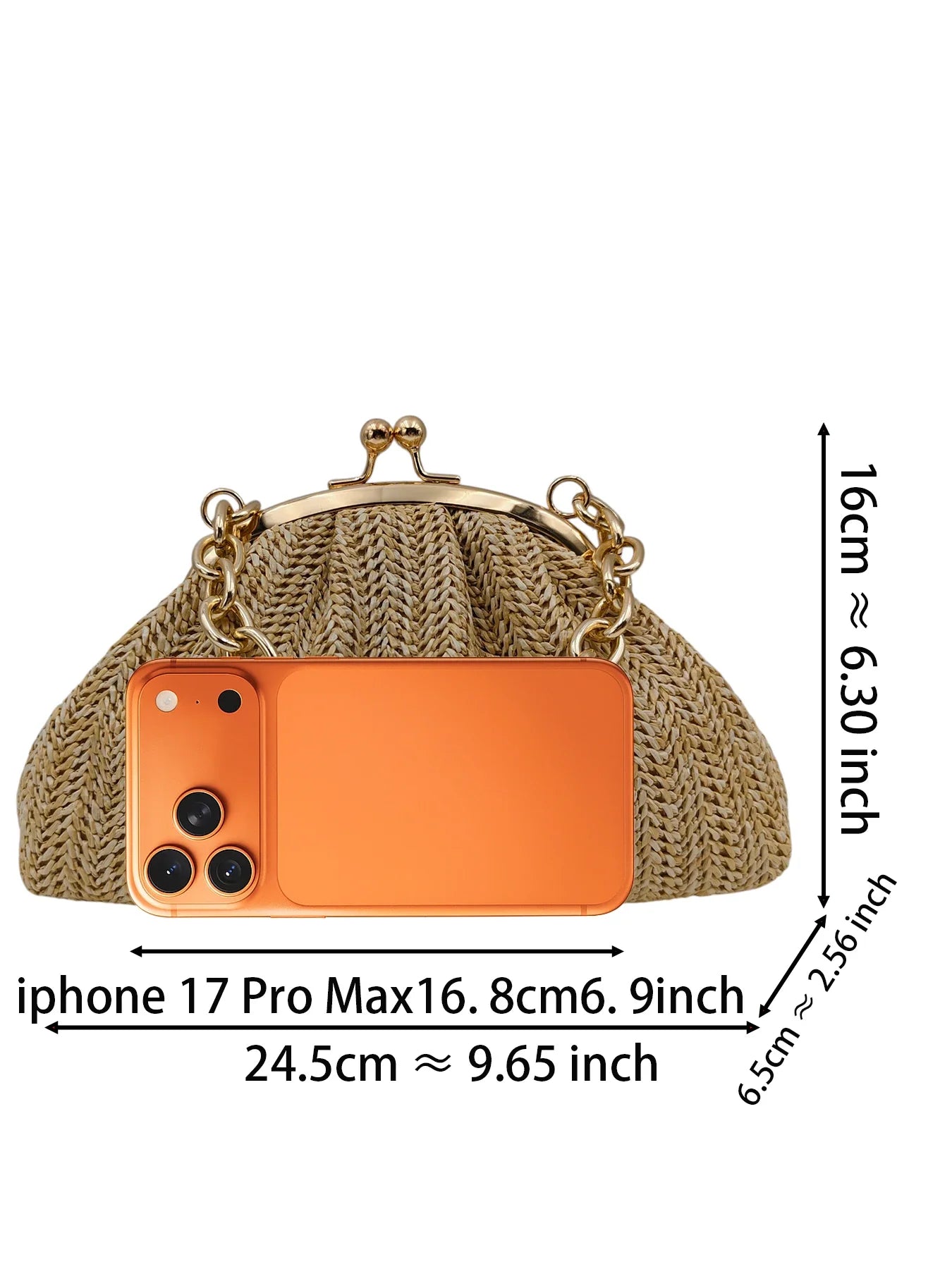 2026 new vacation straw women clutch, light brown herringbone textured pleated cloud bag shape. Rose gold bead metal frame buckl
