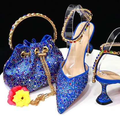 2023 Italian Design Luxury Women's Shoes And Bag Set, Full Diamond Decoration Metal Closure Bag